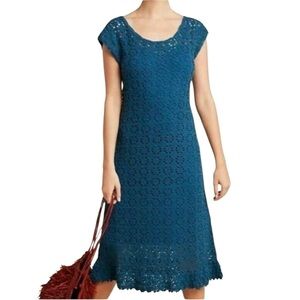 Anthropologie Brittania Crochet Midi beautiful Elegant Teal Lace Dress